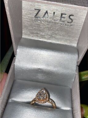 Zales Rose Gold Pear Halo Diamond Ring with Pavé Band